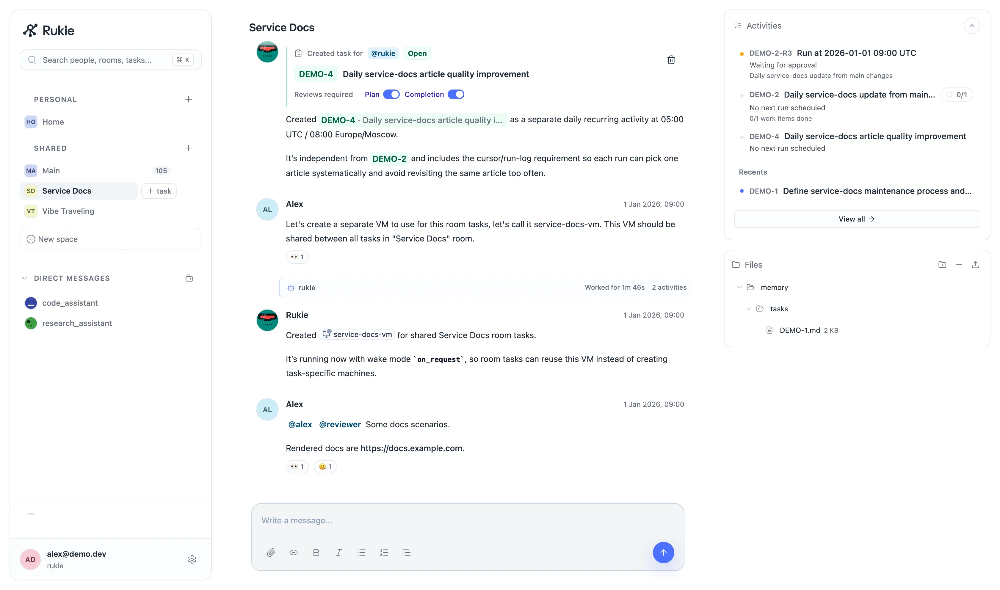Rukie creating and coordinating recurring Service Docs work.